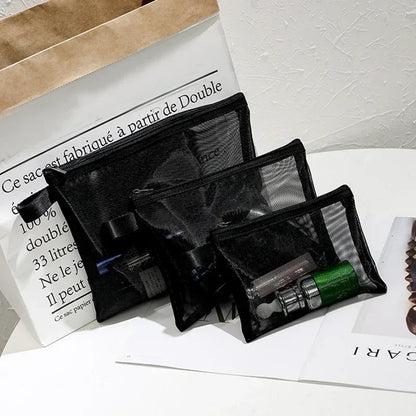 Large Capacity Mesh Clear Cosmetic Bag Portable Travel Toiletry Bag Black Makeup Pouch Zipper Storage Bag Women Beauty Organizer