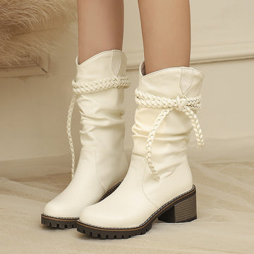 Womens Fashion Knitted Strap Mid-Calf Boots With Chunky Heels