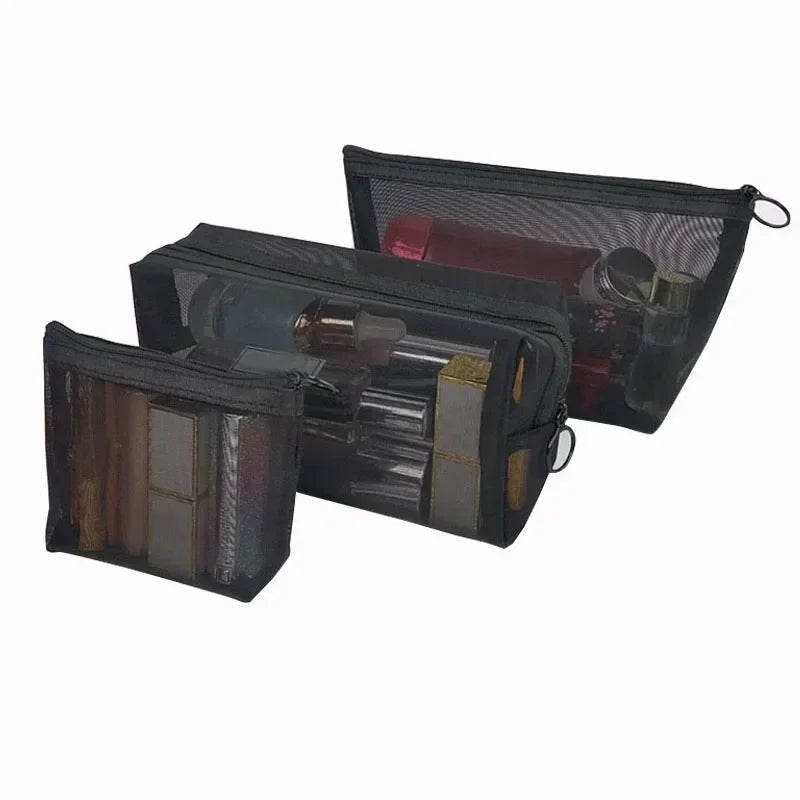 Large Capacity Mesh Clear Cosmetic Bag Portable Travel Toiletry Bag Black Makeup Pouch Zipper Storage Bag Women Beauty Organizer