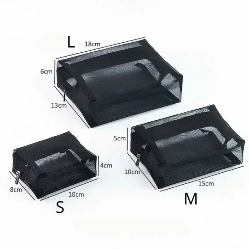 Large Capacity Mesh Clear Cosmetic Bag Portable Travel Toiletry Bag Black Makeup Pouch Zipper Storage Bag Women Beauty Organizer